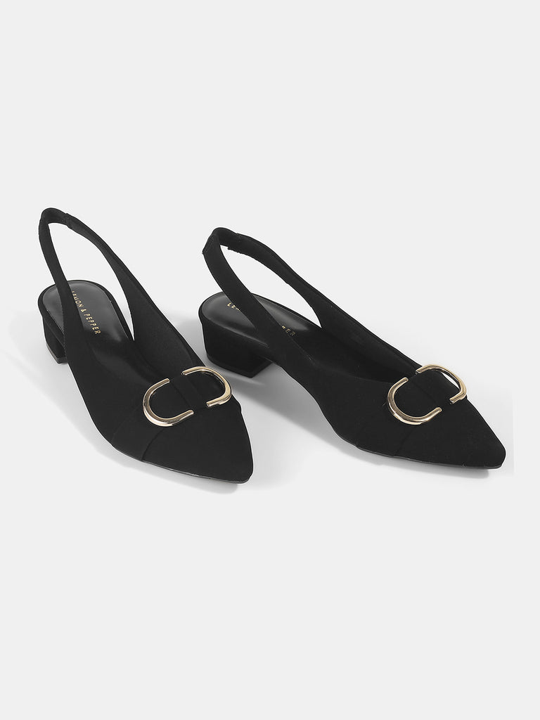 Elegant Suede Block Heel Slingback Sandals with Gold Buckle