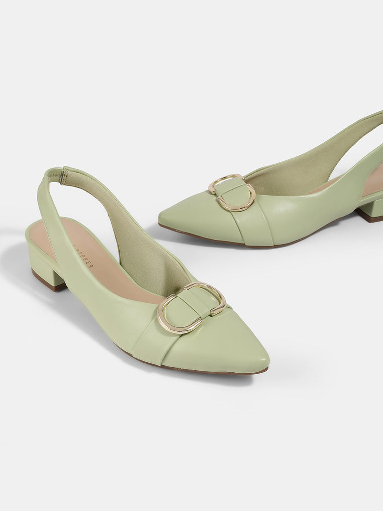 Elegant Suede Block Heel Slingback Sandals with Gold Buckle