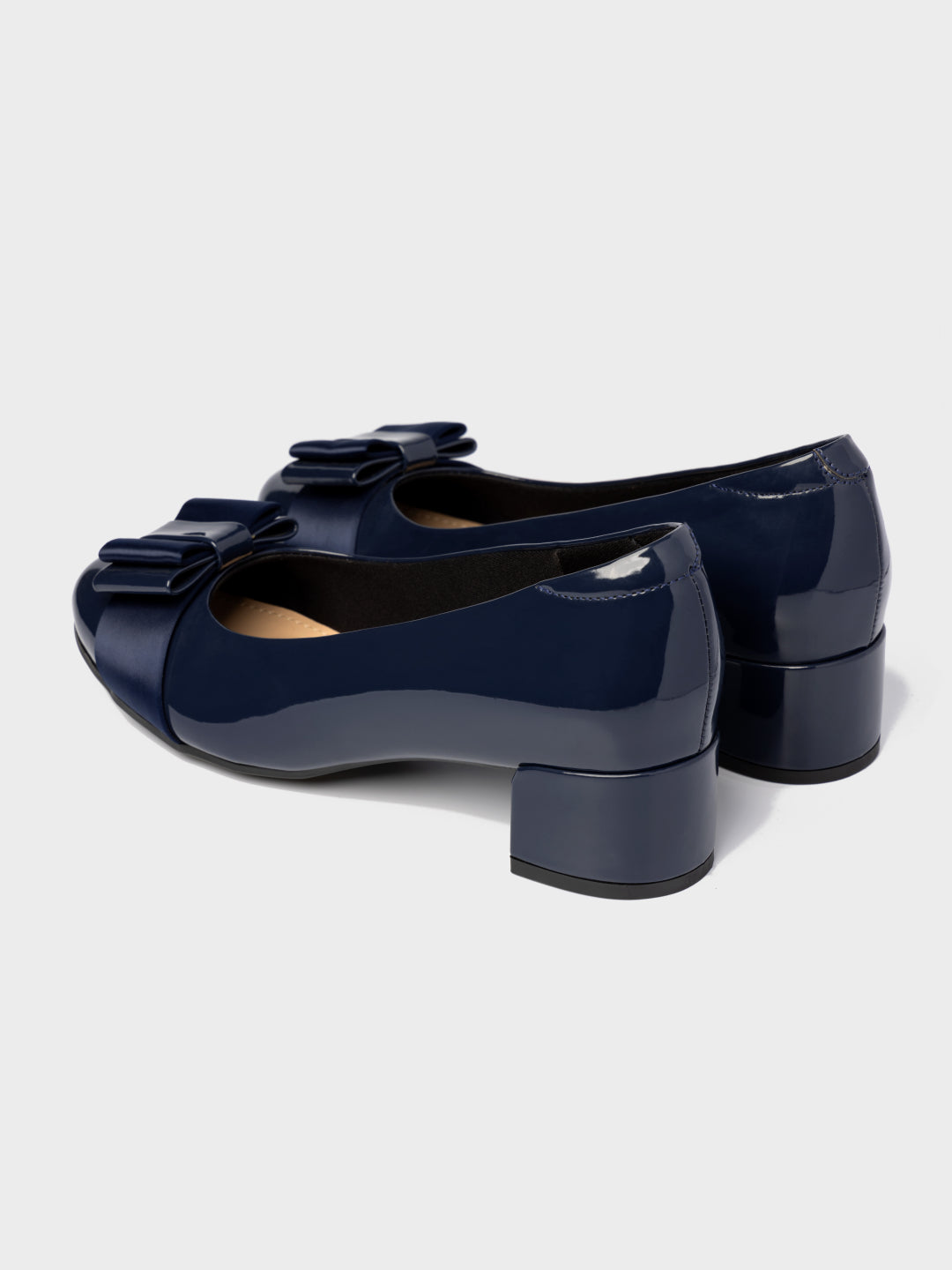Ladies Shoes Patent Court Shoes Navy Patent Low Heel Shoes Block Heel Pumps With Bow – Lemon Pepper Shoes